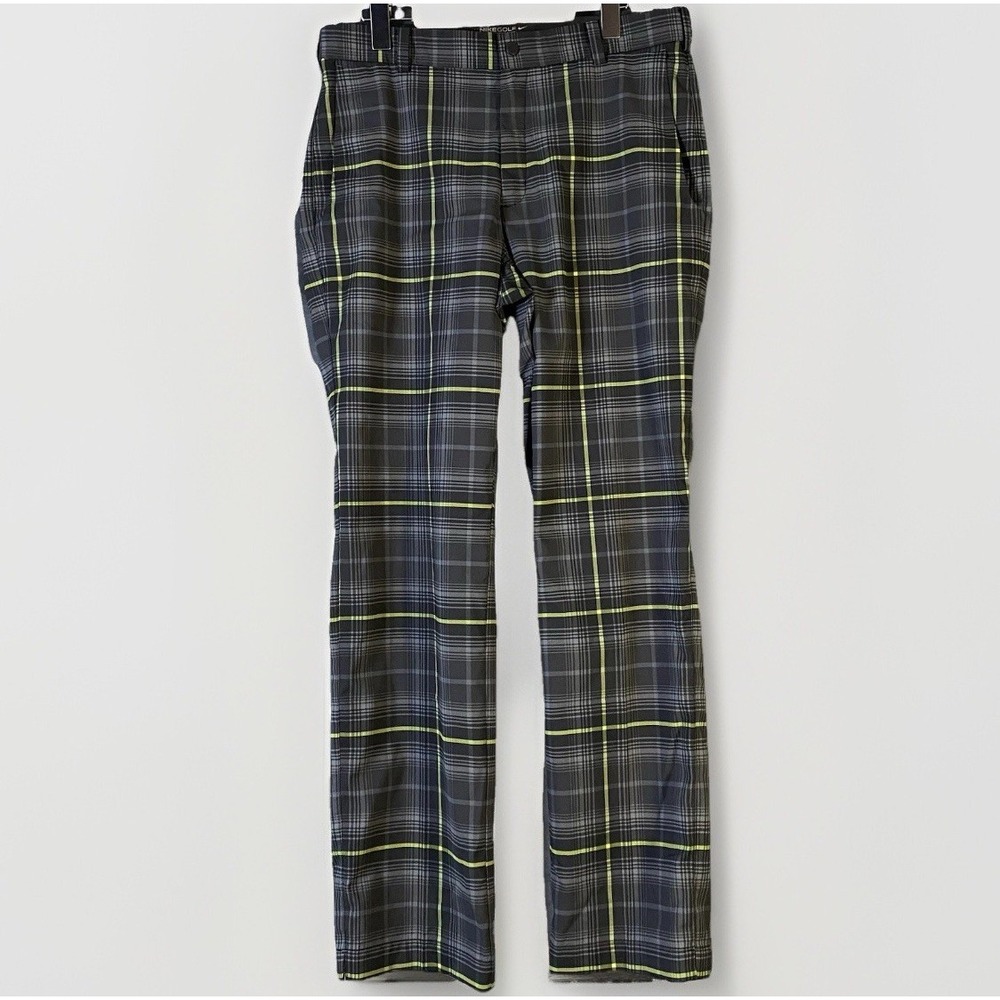 Nike Dri Fit Golf Pants Mens Medium 34x30 Black Green Plaid Performance Active